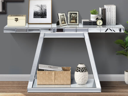 Modern Luxe Full Body Mirror Entryway Table With Trapezoid Base, 360° Reflective Console, Scratch Resistant, Open Storage - Silver