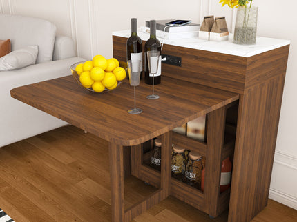 Extendable Dining Table With Power Socket, Lockable Casters, Storage Cabinet