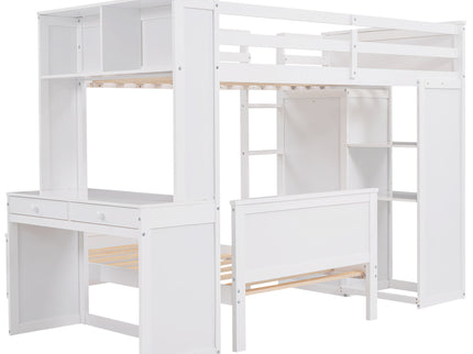 Loft Bed With A Stand Alone Bed, Shelves, Desk, And Wardrobe