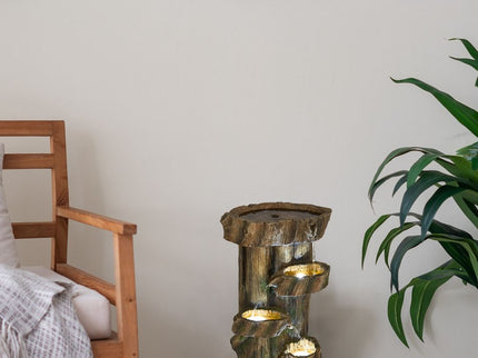 Rustic Decorative Tree Trunk 5 Tier Water Fountain, With Light And Pump, For Indoor And Outdoor - Brown