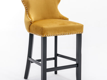 Contemporary Upholstered Wing-Back Barstools With Button Tufted Decoration And Wooden Legs, And Nailhead Trim, Leisure Style Bar Chairs, Bar Stools (Set of 2)