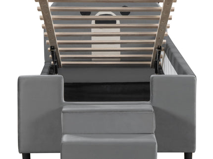 Upholstered Daybed With Bear Shaped Headboard, Hydraulic System And Breathable Fence
