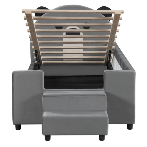 Upholstered Daybed With Bear Shaped Headboard, Hydraulic System And Breathable Fence
