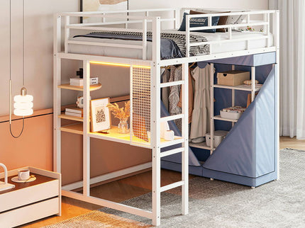 Loft Bed With Desk, Shelves, Power Outlet, LED Light And Wardrobe