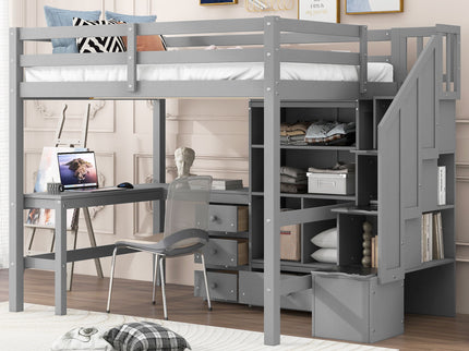 Loft Bed & L Shaped Desk, Drawers, Cabinet, And Storage Staircase