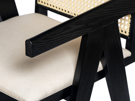Woven Cane Plastic Backrest Bar Stool Foam Padded Fabric Seat & Durable Rubberwood Frame - Cream Gray