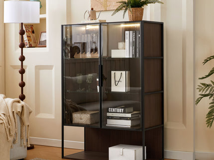 Modern Minimalist Tall Lighted Display Cabinet With Tempered Glass Door - Black / Dark Walnut