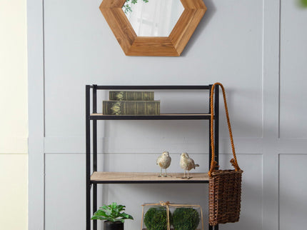 Hexagon Mirror With Natural Wood Frame, Wall Decor For Living Room Bathroom Hallway