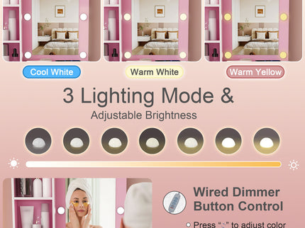 Vanity Table With Mirror, Adjustable LED Lights, Power Outlet, Hairdryer Holder & Stool