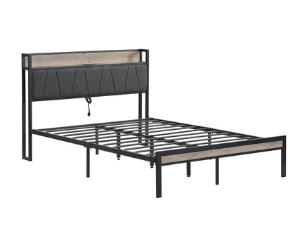 Modern Bed Frame With LED Lights, Upholstered Headboard, USB Charging