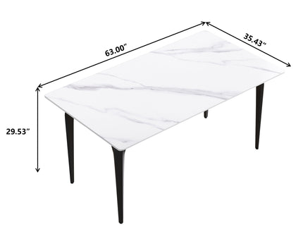 63" Modern Artificial Stone White Straight Edge Black Metal Leg Dining Table, 6 People - White / Black