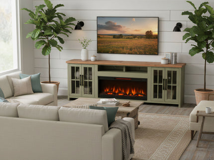 97" Fireplace TV Stand Console For TVs Up To 100" - Sage Green And Fruitwood Finish