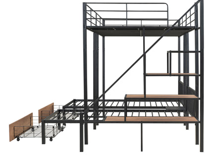 Full Over Twin-Twin Triple Bunk Bed With Drawers And Staircase - Black