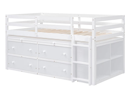 Loft Bed With Retractable Writing Desk And 4 Drawers, With Lateral Portable Desk And Shelves