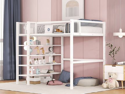 Loft Bed With 4 Tier Shelves And Storage