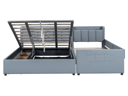 Upholstered Mother & Child Bed With Hydraulic Storage System, Drawer Box, Bedhead Storage Shelf And 2 Pairs Of Sockets & USB Ports