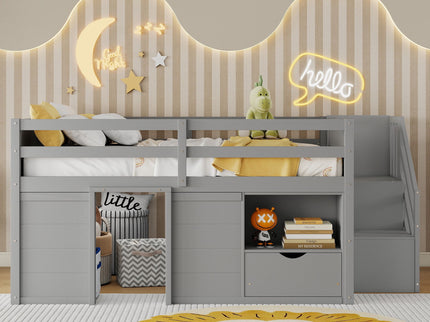Low Loft Bed Frame With Built In Stairs, Storage Drawer, Shelf And 7 Color LED Light