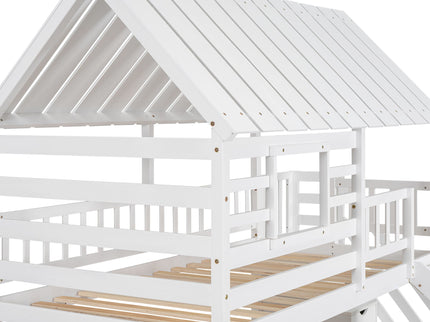 House Bunk Bed With Trundle, Storage Staircase, Roof And Window Design