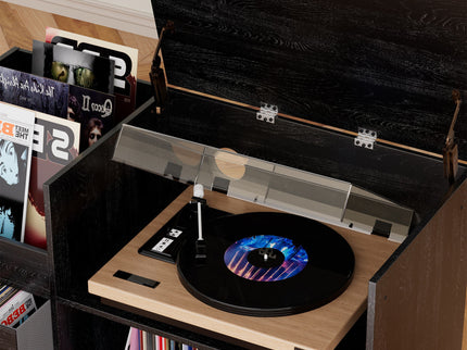 Eco-Friendly Vinyl Record Player Stand With Flip-Top Storage, Media Console With Dual Outlets And Dustproof Drawers