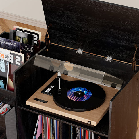 Eco-Friendly Vinyl Record Player Stand With Flip-Top Storage, Media Console With Dual Outlets And Dustproof Drawers