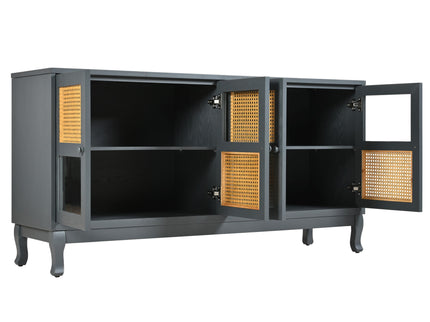 Retro Industrial 4 Door Sideboard With Large Storage, Rattan And Glass Doors