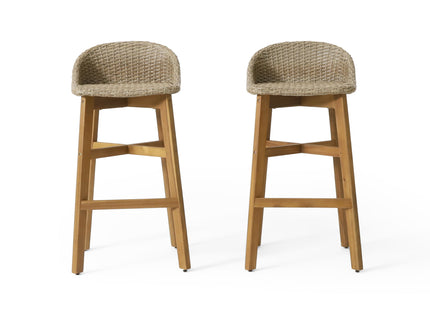 Beeson - Outdoor Wicker And Acacia Wood Barstools Set, Water Resistant - Brown