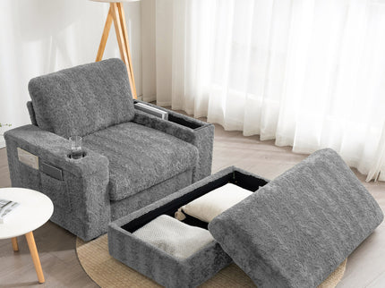 Oversized Chaise Lounge Indoor Rabbit Fur Sofa Bed With Storage Ottoman And Armrests Cup Holders With Deep Seat