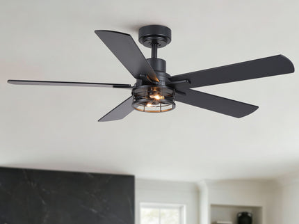 Ceiling Fan With Light, Dual‑Sided Matte Black & Wood Grain Blades - Black