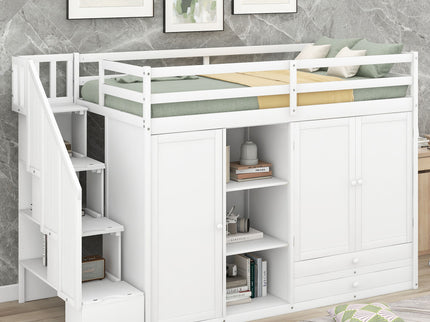 Loft Bed With 3 Shelves, 2 Wardrobes, 2 Drawers, Ladder Storage