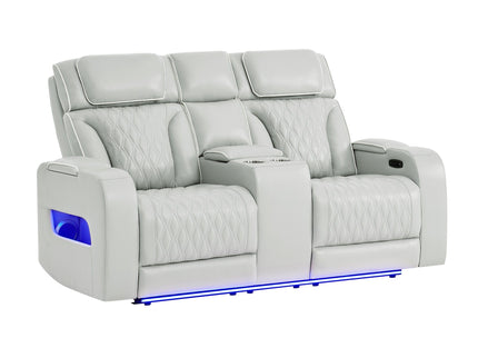 Julian - Power Console Reclining Loveseat, LED & Speaker - Silver