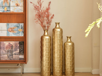Floor Metal Vases Decorated White Metal Vases (Set of 3) Gorgeous Home Decoration Large Glazed Metal Vases - Golden
