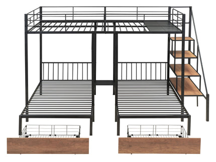 Full Over Twin-Twin Triple Bunk Bed With Drawers And Staircase - Black