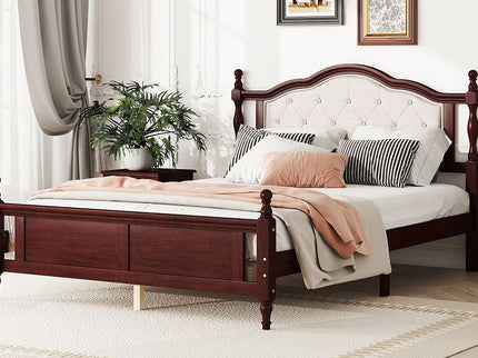 Pine Wooden Bed With Upholstered Headboard And Panel Footboard, With Two Bed Rail Support Feet And Central Platform Support Feet