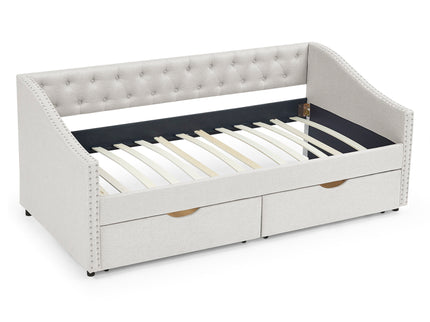 Upholstered Tufted Daybed With 2 Drawers, Waved Arms