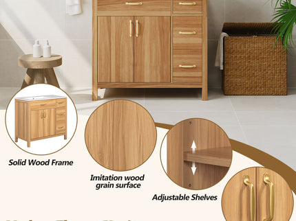 Bathroom Vanity, 2 Soft Close Doors, 3 Soft Close Drawers, Adjustable Shelf - Wood