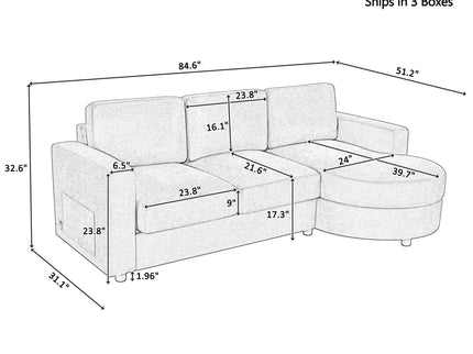 Modern L-Shaped Sectional Sofa With Curved Chaise, USB Ports, And Side Storage Pockets