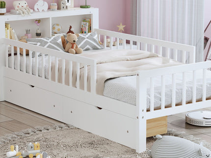 Bed With Headboard Storage Rack, 2 Under Bed Drawers, 3 Side Guardrails For Safety