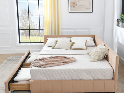 Mid-Century Storage Upholstered Tufted Bed Frame With Backrest And Armrests