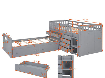 Loft Platform Bed With 7 Drawers And Full Guardrails, Modern L Shaped Space Savin