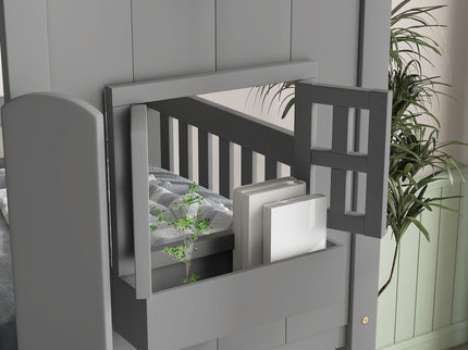 House Bunk Bed With Roof, Window, Window Box, Door, With Safety Guardrails And Ladder