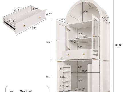 Fluted Tall Arched Pantry Cabinet With Adjustable Shelves, Glass Door & Hidden Drawer For Kitchen