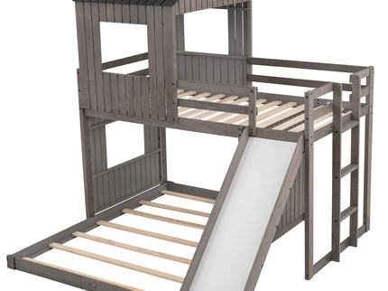 Loft Bunk Bed With Playhouse, Farmhouse, Ladder, Slide And Guardrails