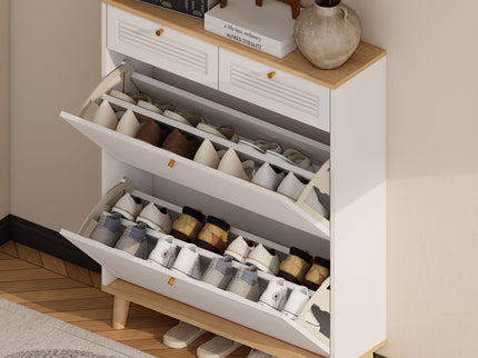 Modern Freestanding Shoe Cabinet With Flip Up Doors And Drawers, Compact Design For Entryway - White Natural