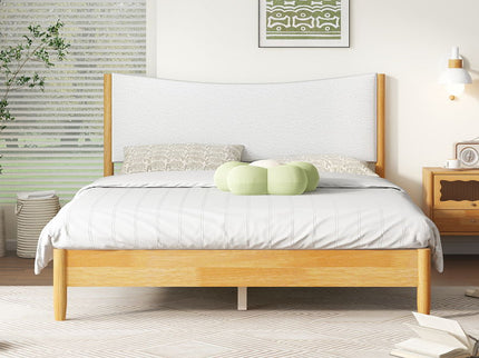 Queen Size Rubber Wooden, Solid Wooden Bed With Teddy Velvet Cushion Upholstered Headboard, Enhanced By Support Feet - Natural