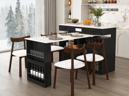 Retro Kitchen Island Set With Chairs, Extendable & Rotating Table, 4 Drawers & Door Cabinets