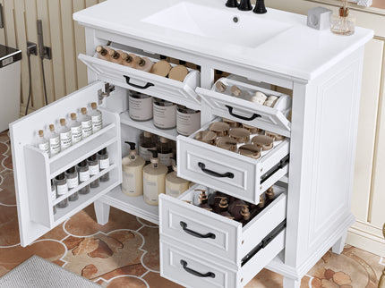 Modern Bathroom Vanity With Sink Top, Flip Drawers, Adjustable Shelf