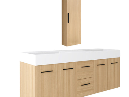 Floating Double Sink Bathroom Vanity Set With Tall Linen Cabinet, Drawers And Doors, Extra Large Storage, Integrated Sink, Soft Close Hardware - Glossy White / Light Oak