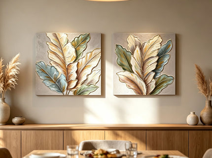 Botanical Leaf Wall Art, Textured Canvas Painting With Accents, Framed Decor For Living Room (Set of 2) - Green Leaf