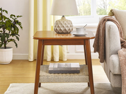 Mid - Century Square Side Table With Woven Shelf - Walnut