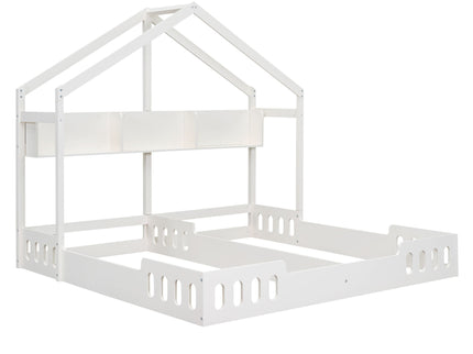 Twin Size Platform Bed With Shared Design, Guardrails, And Built In Shelves - Creamy White